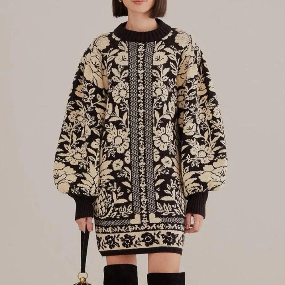 Farm Rio - Floral Knit Sweater Dress - Black and Cream